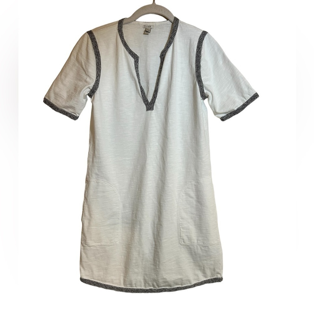 J Crew Womens Short Sleeve White Mini Dress Split Neck Pockets Navy Trim Size XS